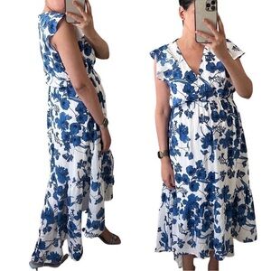 NWT LULUS Asymmetric Floral White Blue Maxi Dress Size M